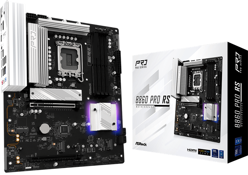 Материнская плата ASROCK B860 PRO RS, LGA1851, B860, 4*DDR5, 4*SATA, 4*M.2, 6*USB 3.2, 2*USB 2.0, Type-C, 2*PCIx16, 1*M.2 (Key E), HDMI+DP, ATX