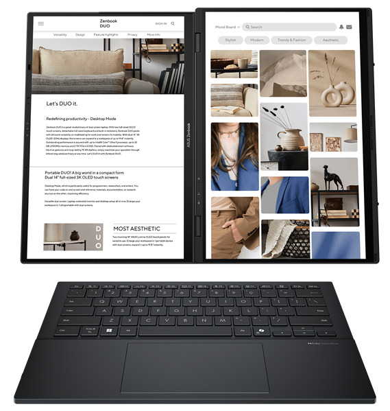 Ноутбук ASUS Zenbook Duo Special UX8406CA-PZ267X Intel Core Ultra 9 285H/LPDDR5X 32GB 2TB/Intel Arc Graphics /14" 3K (2880 x 1800) OLED 16:10OLED 16:10 TOUCH,WiFi 7+BT 5.4/ WIN11 PRO/1.39 kg/Inkwell Gray/Styl