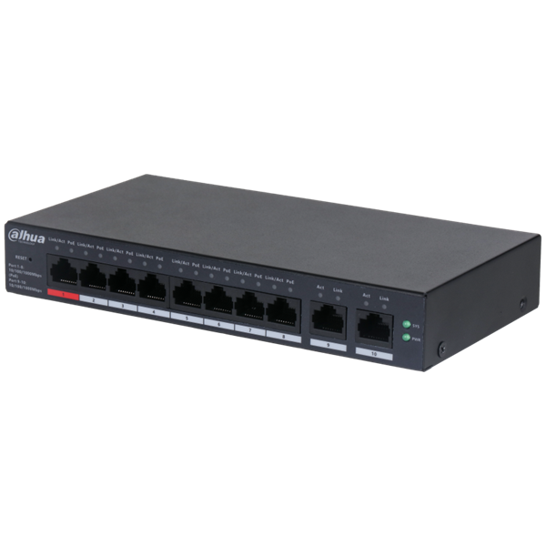 Коммутатор DAHUA 8-портовый гигабитный PoE коммутатор с функцией облачного управления Порты: 8 RJ45 10/100/1000Мбит/с (PoE/PoE+/Hi-PoE), 2 RJ45 10/100/1000Мбит/с (uplink); мощность PoE: порт 1 до 60Вт, порты 2~4