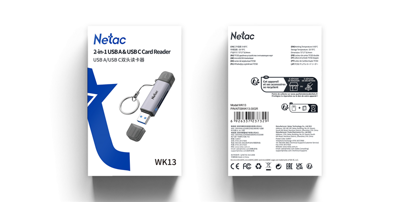 Кардридер Netac Flash card reader WK13, USB3.0+Type-C to mSD/SD, Grey (repl. NT09WK13-30GR) (незначительное повреждение коробки)