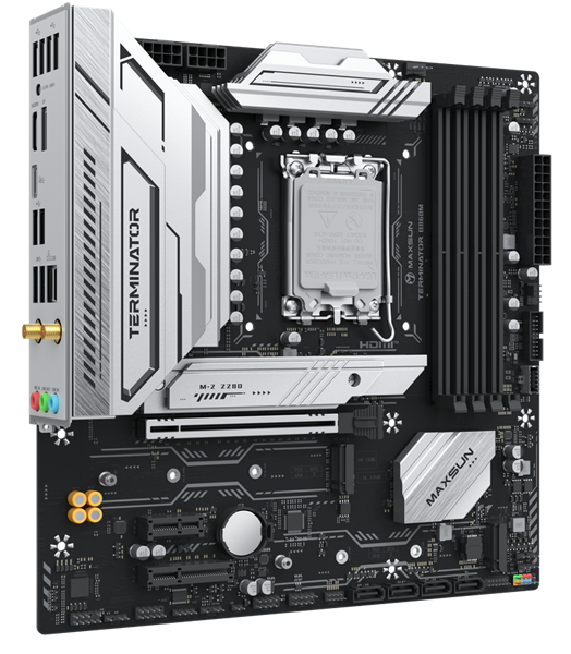 Материнская плата MAXSUN MS-Terminator B860M WIFI, LGA1851, B860, 4*DDR5, 4*SATA3, 3*M.2, USB 3.2, USB 2.0, Type-C, 1*PCIEx16, 1*PCIex4, 1*PCIex1, HDMI+DP, mATX