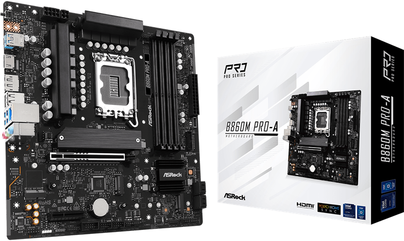Материнская плата ASROCK B860M PRO-A, LGA1851, B860, 4*DDR5, 4*SATA, 4*M.2, 6*USB 3.2, 2*USB 2.0, Type-C, 2*PCIx16, 1*M.2 (Key E), HDMI+DP, mATX