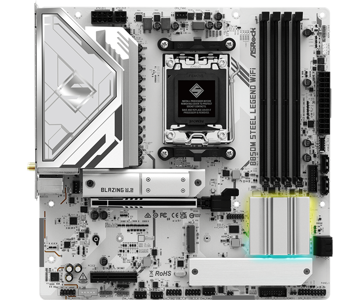 Материнская плата ASROCK B850M STEEL LEGEND WIFI, AM5, B850, 4*DDR5, 4*SATA, 3*M.2, 4*USB 2.0, 3*USB 3.2, Type-C, 2*PCIx16, 1*M.2 (Key E), HDMI+DP, mATX