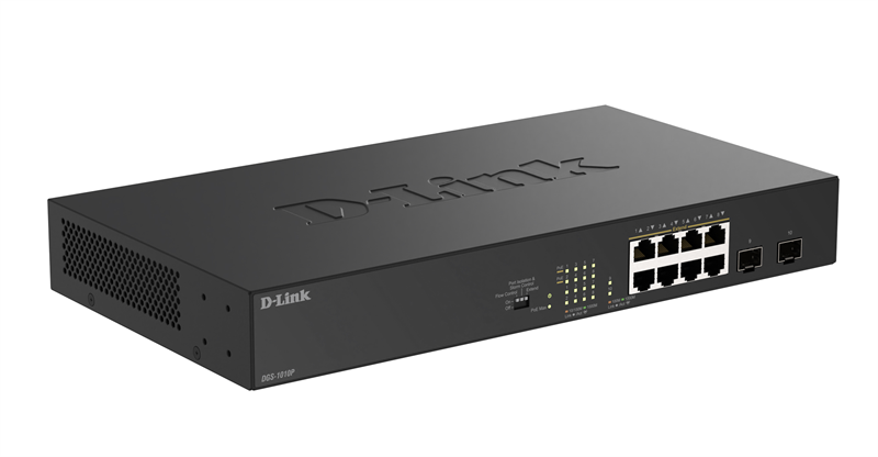 Коммутатор D-Link Конфигурируемый PoE-коммутатор, 8х1000Base-T PoE, 2x1000Base-X SFP, PoE-бюджет 125 Вт, дальность PoE до 250 м, DIP-переключатель, корпус металл