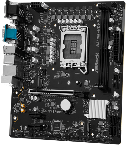 Материнская плата ASROCK B860M-HDVP, LGA1851, B860, 2*DDR5, 4*SATA, 2*M.2, 2*USB 3.2, 4*USB 2.0, Type-C, 2*PCIx16, 1*M.2 (Key E), HDMI+DP+DVI-D-Sub, COM port, mATX