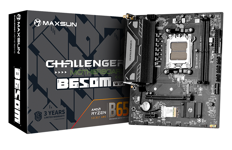 Материнская плата MAXSUN MS-Challenger B650M WIFI, AM5, B650, 2*DDR5, 3*SATA3, M.2, 4*USB 3.2, 2*USB 2.0, 1*PCIEx16, 1*PCIEx1, DP+HDMI, mATX