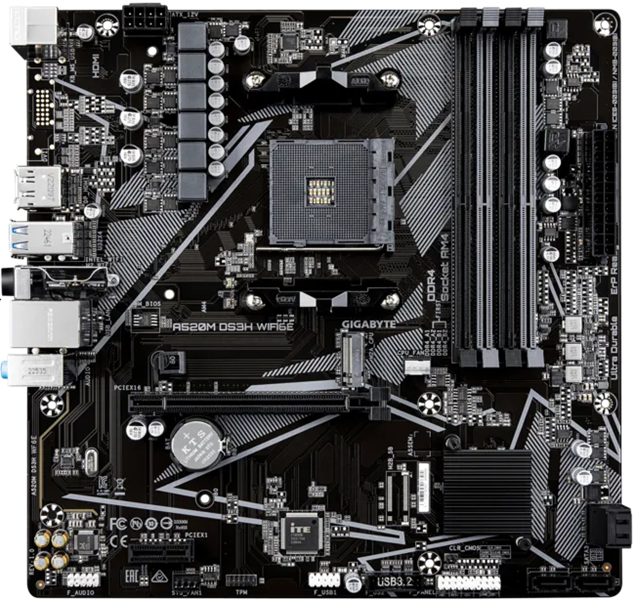 Материнская плата GIGABYTE A520M DS3H WF6E, AM4, A520, 4*DDR4, 4*SATA, 1*M.2, 4*USB 3.2, 2*USB 2.0, 1*PCIx16, 1*PCIx1, DP+HDMI, mATX