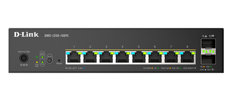 Коммутатор D-Link Управляемый L2 PoE-коммутатор, 8x2.5GBase-T PoE (2 порта PoE 802.3bt 60 Вт), 2x10GBase-X SFP+, PoE-бюджет 120 Вт, защита от статического электричества до 6 кВ, CLI