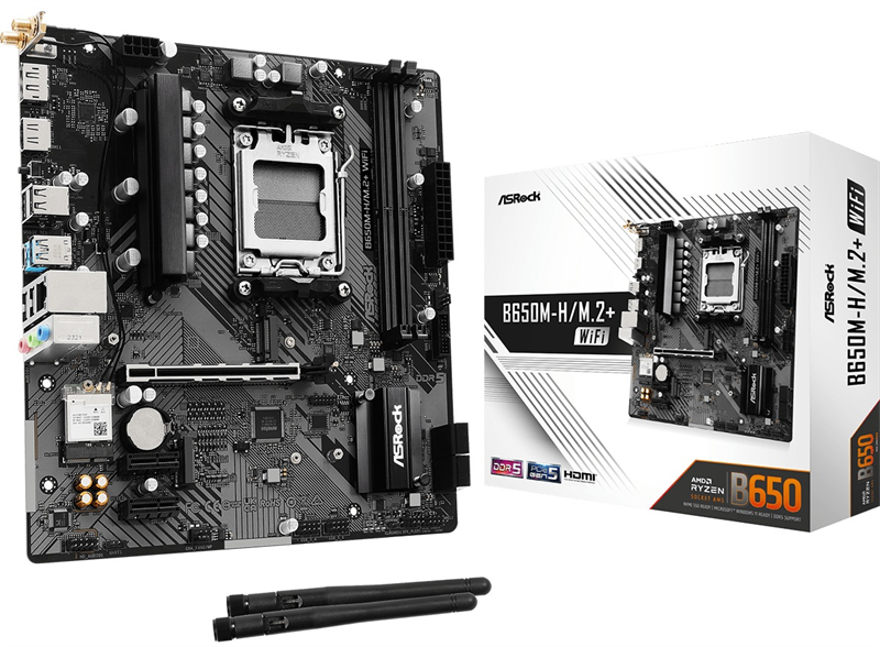 Материнская плата ASROCK B650M-H/M.2+WIFI, AM5, B650, 2*DDR5, 4*SATA, 2*M.2, 3*USB 3.2, 2*USB 2.0, Type-C, 1*PCIx16, 2*PCIx1, 1xM.2 (Key E), HDMI+DP, mATX