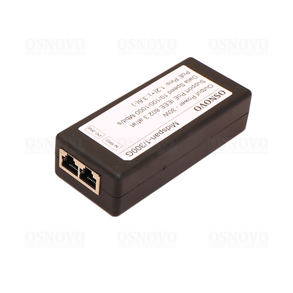 PoE-инжектор OSNOVO Midspan-1/300G PoE-инжектор Gigabit Ethernet на 1 порт, мощностью до 30W. Соответствует стандартам PoE IEEE 802.3af/at. (конт. 1,2(+); 3,6(-)). Автоматическое определение PoE устройств. Мощност