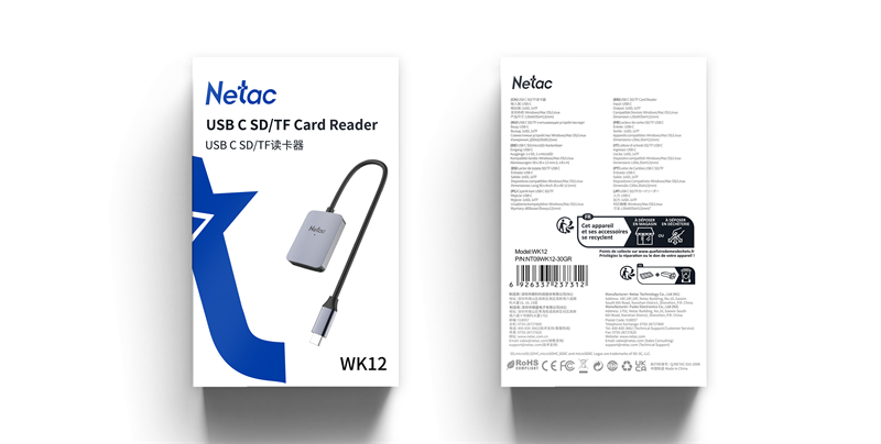 Кардридер Netac Flash card reader WK12, USB3.0 Type-C to mSD/SD (repl. NT09WK12-30GR)