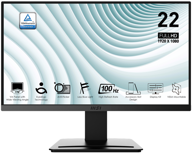 MSI PRO MP223 E2 21.5" 16:9 FHD(1920x1080) VA Flat,1ms(MPRT),3000:1,100M:1,250nit,178/178,HDMI 1.4b,DP 1.2a,Tilt,VESA,100Hz,Black,1y war-ty