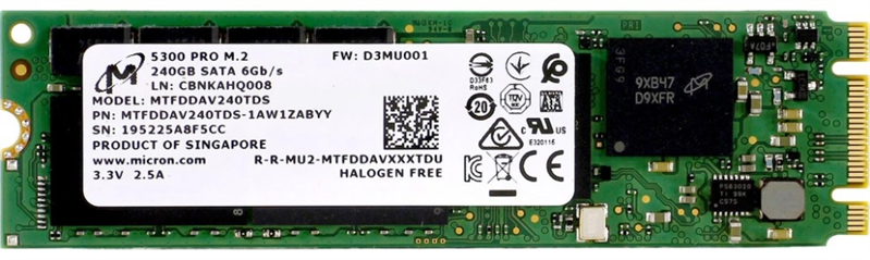 Твердотельный накопитель Micron 5300PRO 240GB SATA M.2(22x80mm) 3D TLC R540/W310MB/s MTTF 3М 67000/40000 IOPS 657TBW SSD Enterprise Solid State Drive, 1 year, OEM