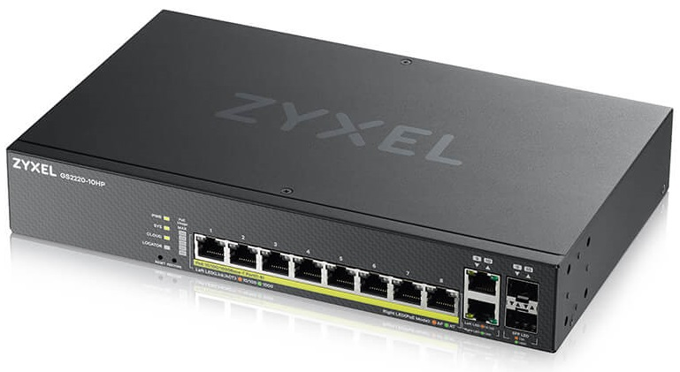 Коммутатор L2 PoE+ Zyxel NebulaFlex Pro GS2220-10HP, rack 19", 8xGE PoE+, 2xCombo (SFP/RJ-45), бюджет PoE 180 Вт