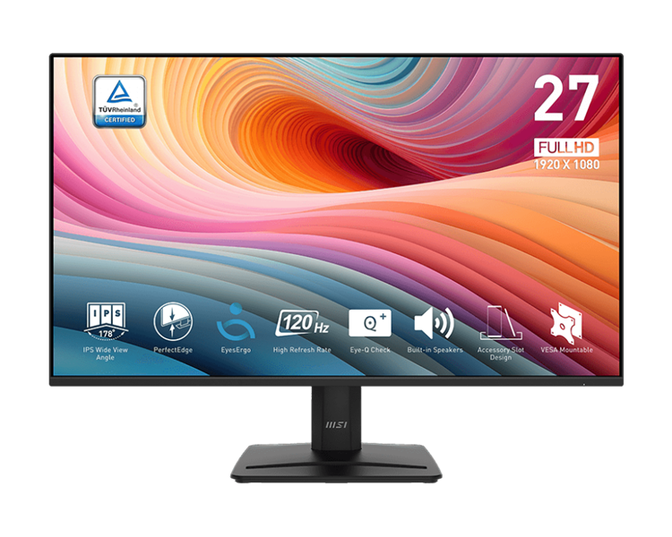 Мониторы MSI PRO MP275 E2 27" 16:9 FHD(1920x1080), IPS Flat, 1ms(MPRT), 1500:1, 100M:1, 300nits, 178/178, HDMI 2.0, DP 1.2a, VGA, Speaker, Tilt, 120HZ, Black, 1y war-ty