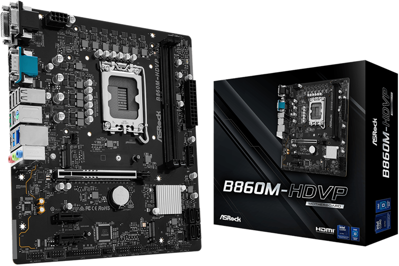 Материнская плата ASROCK B860M-HDVP, LGA1851, B860, 2*DDR5, 4*SATA, 2*M.2, 2*USB 3.2, 4*USB 2.0, Type-C, 2*PCIx16, 1*M.2 (Key E), HDMI+DP+DVI-D-Sub, COM port, mATX