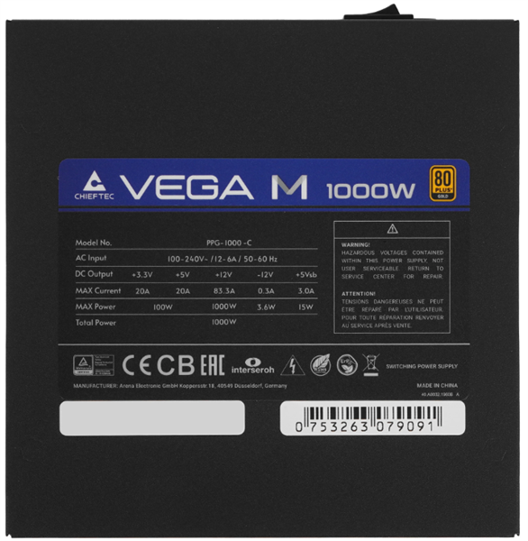 Блок питания Chieftec Vega M PPG-1000-C (ATX 3.1, 1000W, 80 PLUS GOLD, Active PFC, 135mm fan, Gen5 PCIe, Full Cable Management) Retail