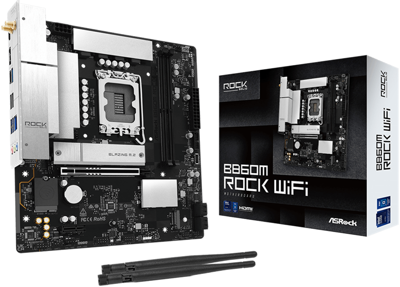 Материнская плата ASROCK B860M Rock WiF, LGA1851, B860, 4*DDR5, 4*SATA, 4*M.2, 4*USB 3.2, 3*USB 2.0, Type-C, 2*PCIx16, 1*M.2 (Key E), HDMI, mATX
