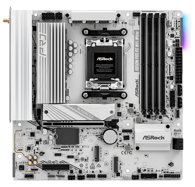Материнская плата ASROCK B850M PRO RS WIFI WHITE, AM5, B850, 4*DDR5, 4*SATA, 3*M.2, 4*USB 2.0, 3*USB 3.2, Type-C, 2*PCIx16, 1*M.2 (Key E), HDMI+DP, mATX