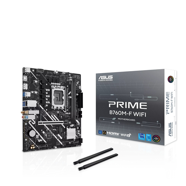 материнская плата ASUS PRIME B760M-F WIFI, LGA1700, B760, 2*DDR5, 4*SATA, 2*M.2, 4*USB 3.2, 2*USB 2.0, 1*PCIx16, 1*PCIx1, HDMI+DP, mATX; 90MB1N00-M0EAY0