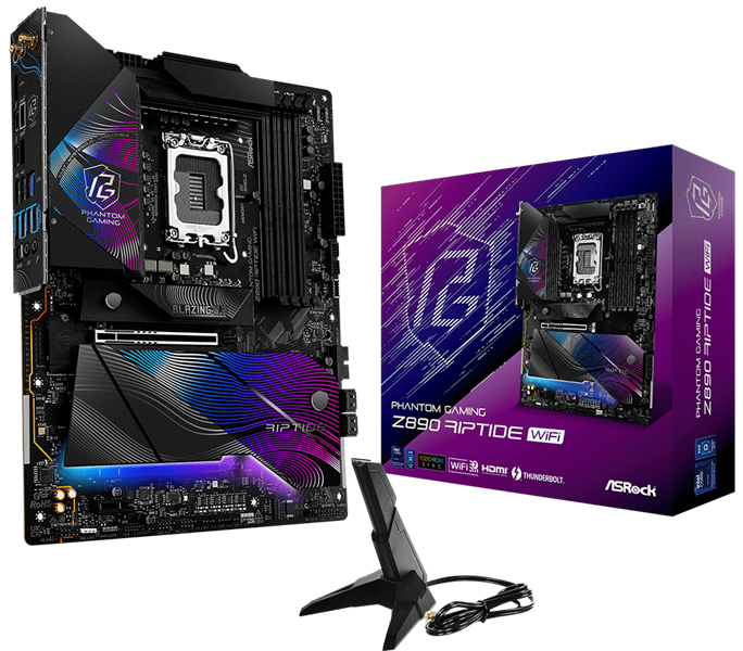 Материнская плата ASROCK Z890 RIPTIDE WIFI, LGA1851, Z890, 4*DDR5, 4*SATA, 4*M.2, 6*USB 3.2, 2*USB 2.0, 2*Type-C, 2*PCIx16, 1*PCIx4, 1*M.2 (Key E), HDMI, ATX