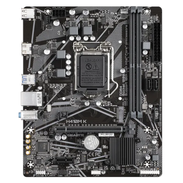 Материнская плата GIGABYTE H410M K 2.0, LGA1200, Q470, 2*DDR4, 2*SATA, 1*M.2, 2*USB 3.2, 4*USB 2.0, 1*PCIx16, 1*PCIx1, HDMI, mATX