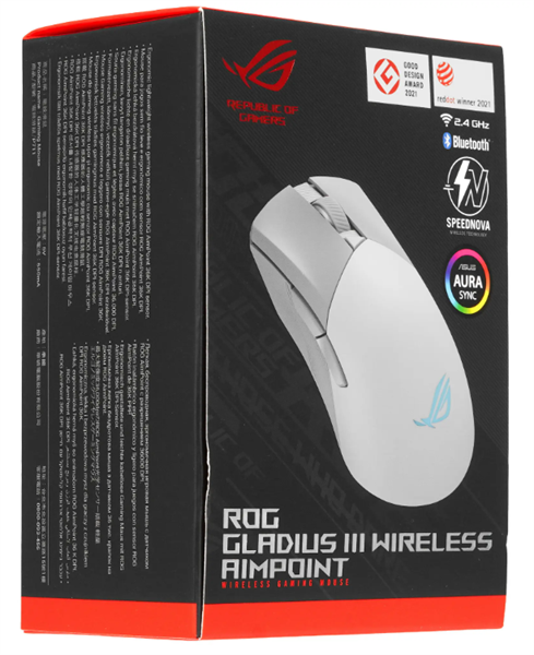 Мышь ASUS ROG GLADIUS III WL AIMPOINT, 79g, Wired, 2.4GHz RF, Bluetooth 5.1, 36K DPI sensor, 6 Programmable Buttons, White