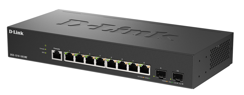 Коммутатор D-Link Управляемый L2 коммутатор, 8x1000Base-T, 2x10GBase-X SFP+, защита от статического электричества до 6 кВ, CLI, консольный порт RJ-45, RPS, поддержка Dying Gasp