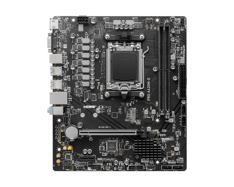 Материнская плата MSI PRO A620M-E,A620,AM5,2DDR5,1PCI-Ex16,1PCI-Ex1,1M.2,4SATA3,6USB3.2 Gen1,6USB2.0,HD Audio
