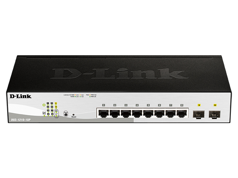 Коммутатор D-Link Настраиваемый L2 PoE-коммутатор, 8x1000Base-T PoE, 2х1000Base-X SFP, PoE-бюджет 65 Вт, упрощенный интерфейс CLI