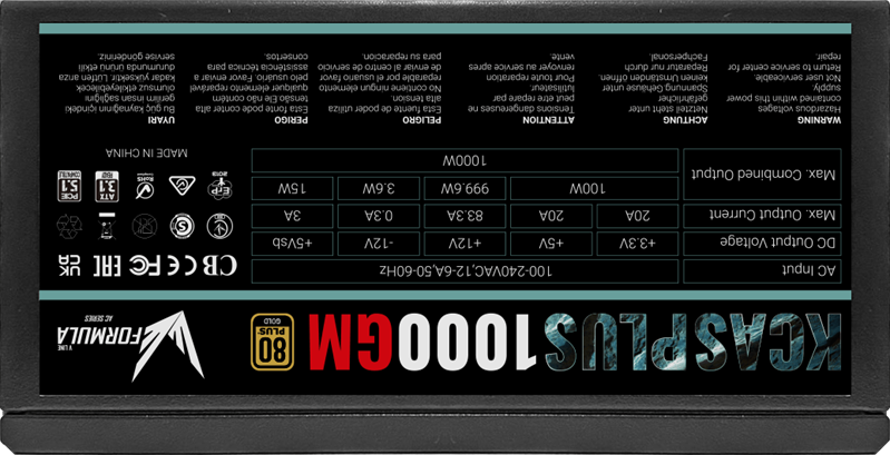 Блок питания Formula V Line KCAS PLUS 1000GM, 1000W, ATX3.1/PCIe5.1, APFC, 80+ Gold, 14cm Fan, Full Modular