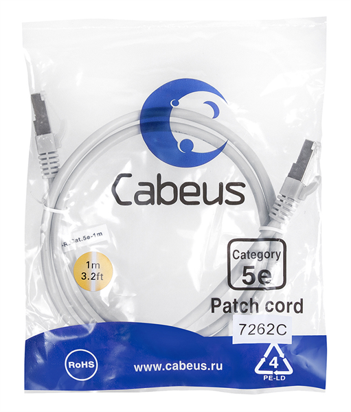 Патч-корд Cabeus PC-FTP-RJ45-Cat.5e-1m Патч-корд F/UTP, категория 5е, 2xRJ45/8p8c, экранированный, серый, PVC, 1м