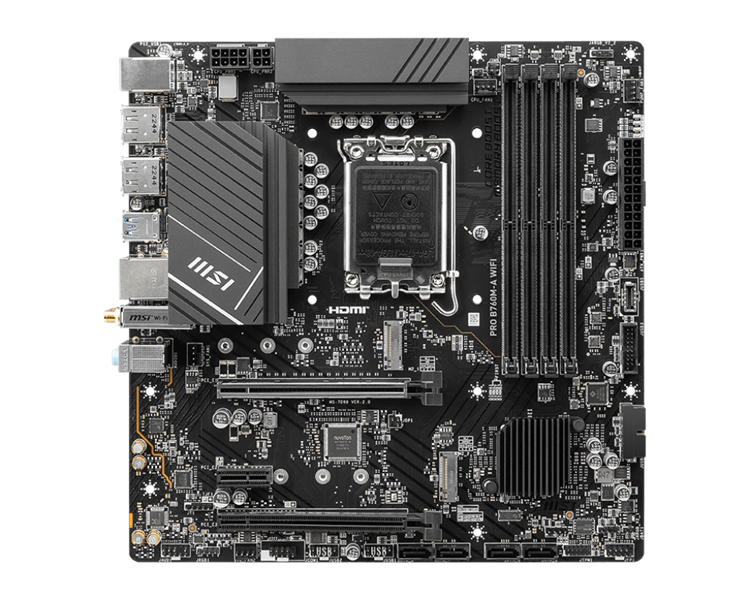 Материнская плата MSI PRO B760M-A WIFI DDR5 s1700,4DDR5,2PCI-Ex16,1PCI-Ex1,2M.2,4SATA3,2USB3.2 Gen2,MicroATX, RTL