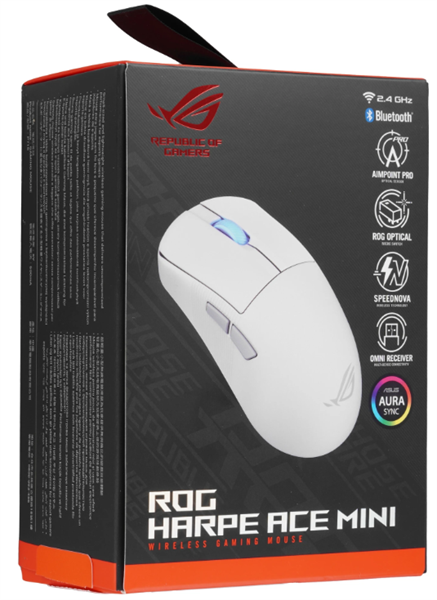Мышь ASUS ROG HARPE ACE MINI, 49g, 2.4GHz RF, Bluetooth 5.1, 36K DPI sensor, 5 Programmable Buttons, White