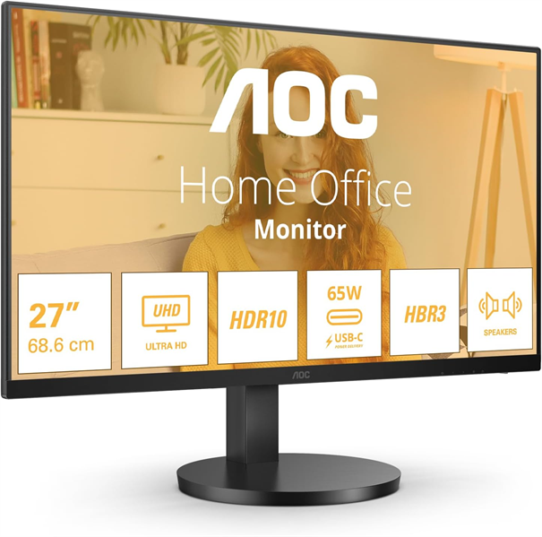 Монитор 27" AOC 3840x2160 WLED 16:9 IPS 350cd, 1000:1, 20M:1, 4ms, 178°/178°, 2xHDMI, USB hub: 2*USB3.2, USB-C(65W), 60Hz, Speakers, Tilt, Height, VESA, Internal, Black, 3y