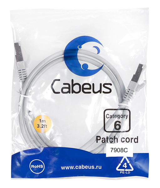 Патч-корд F/UTP, категория 6, 2xRJ45/8p8c, экранированный, серый, LSZH, 1м Cabeus PC-FTP-RJ45-Cat.6-1m-LSZH Патч-корд F/UTP, категория 6, 2xRJ45/8p8c, экранированный, серый, LSZH, 1м