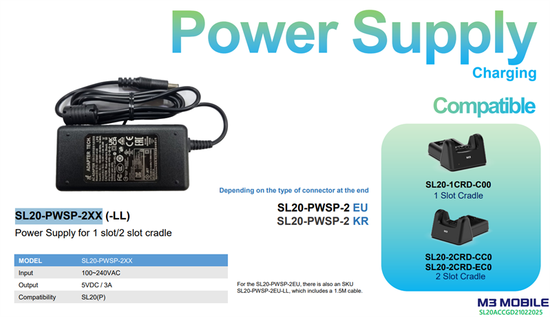 Блок питания M3 Mobile ASSY: SL20 PSU 100240VAC, 5VDC, 3A. 1.5M cable. Provides power to the 1-slot/2-slot cradle for SL20. Includes EU power cord.