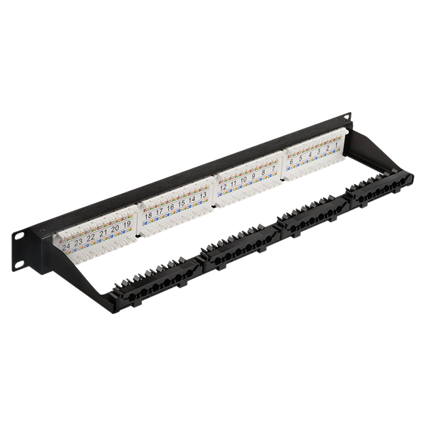 Патч-панель Патч-панель 19", 24 порта RJ45, неэкранированная, кат.5E, 1U, с задним органайзером с фиксаторами кабеля