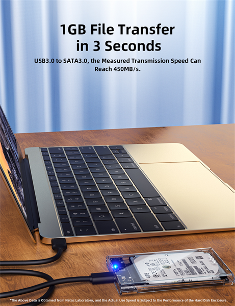 Внешний корпус для диска HDD/SSD Netac WH11 2.5 SATA to USB3.0 External HDD/SSD Case, Slide Transparent Cover, with USB3.0 C to C cable