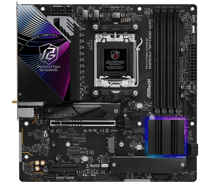 Материнская плата ASROCK B850M RIPTIDE WIFI, AM5, B850, 4*DDR5, 4*SATA, 3*M.2, 4*USB 2.0, 3*USB 3.2, Type-C, 2*PCIx16, 1*M.2 (Key E), HDMI+DP, mATX