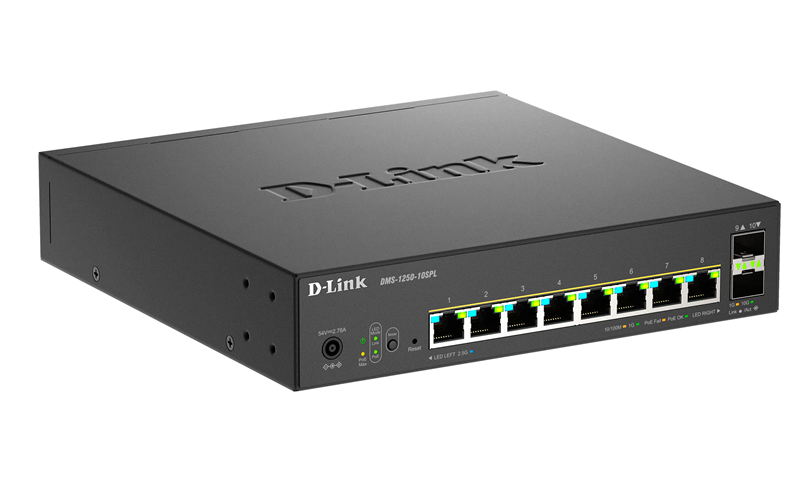 Коммутатор D-Link Управляемый L2 PoE-коммутатор, 8x2.5GBase-T PoE (2 порта PoE 802.3bt 60 Вт), 2x10GBase-X SFP+, PoE-бюджет 120 Вт, защита от статического электричества до 6 кВ, CLI