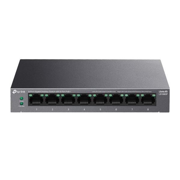 коммутатор TP-Link LS108GP, 8-Port Gigabit Desktop Switch with 8-Port PoE+, 62 W, 250m