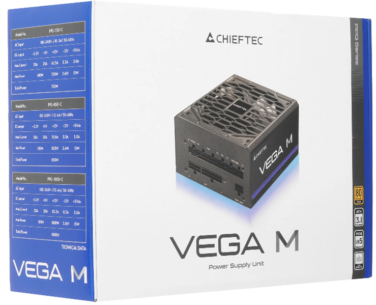 Блок питания Chieftec Vega M PPG-850-C (ATX 3.1, 850W, 80 PLUS GOLD, Active PFC, 135mm fan, Gen5 PCIe, Full Cable Management) Retail