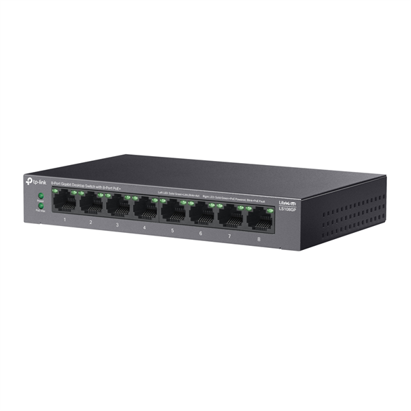 коммутатор TP-Link LS108GP, 8-Port Gigabit Desktop Switch with 8-Port PoE+, 62 W, 250m