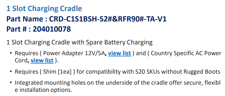 Однослотовый кредл Bluebird ASSY: 1 Slot Charge Only Cradle RFID_S20, Requires Power Adapter 12V/5A and AC Power Cord (CRD-C1S1BSH-S2* & RFR90*)