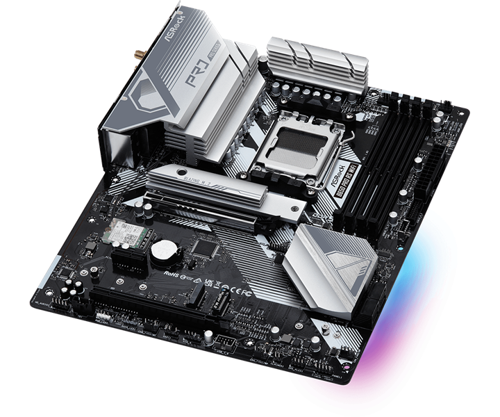Материнская плата ASROCK B650 PRO RS WIFI, AM5, B650, 4*DDR5, 4*SATA, 3*M.2, 3*USB 3.2, 6*USB 2.0, Type-C, 2*PCIx16, 1*PCIx1, 1*M.2 (Key E), HDMI+DP, ATX