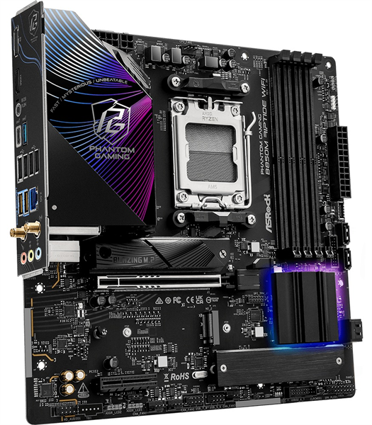 Материнская плата ASROCK B850M RIPTIDE WIFI, AM5, B850, 4*DDR5, 4*SATA, 3*M.2, 4*USB 2.0, 3*USB 3.2, Type-C, 2*PCIx16, 1*M.2 (Key E), HDMI+DP, mATX