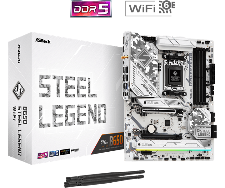 Материнская плата ASROCK B650 STEEL LEGEND WIFI, AM5, B650, 4*DDR5, 2*SATA, 3*M.2, 5*USB 3.2, 2*USB 2.0, Type-C, 2*PCIx16, 1*M.2 (Key E), HDMI+DP, ATX