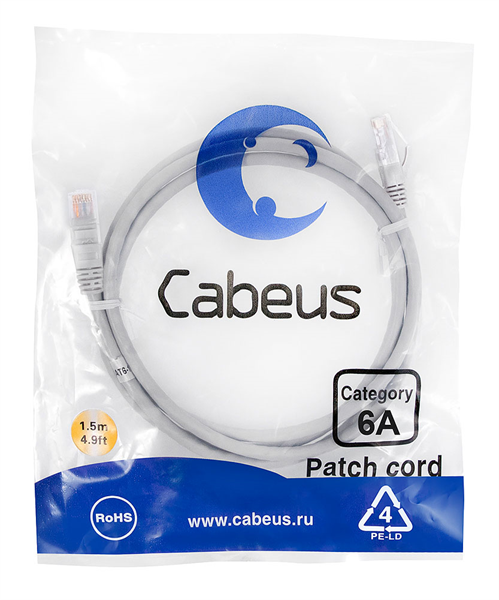 Патч-корд U/UTP, категория 6а (10G), серый, LSZH, 1.5м Cabeus PC-UTP-RJ45-Cat.6a-1.5m-LSZH Патч-корд U/UTP, категория 6а (10G), 2xRJ45/8p8c, неэкранированный, серый, LSZH, 1.5м