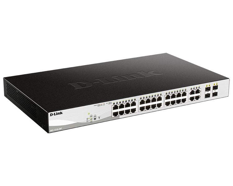 Коммутатор D-Link Управляемый L2 PoE-коммутатор, 24x1000Base-T PoE, 4xCombo 1000Base-T/SFP, PoE-бюджет 193 Вт, защита от статического электричества до 6 кВ, CLI